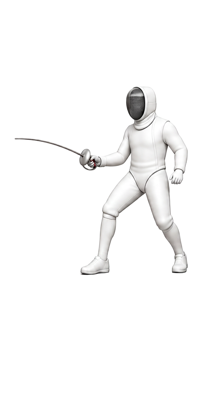 Épée fencer illustration showing entire body target, tip scoring, and no right-of-way