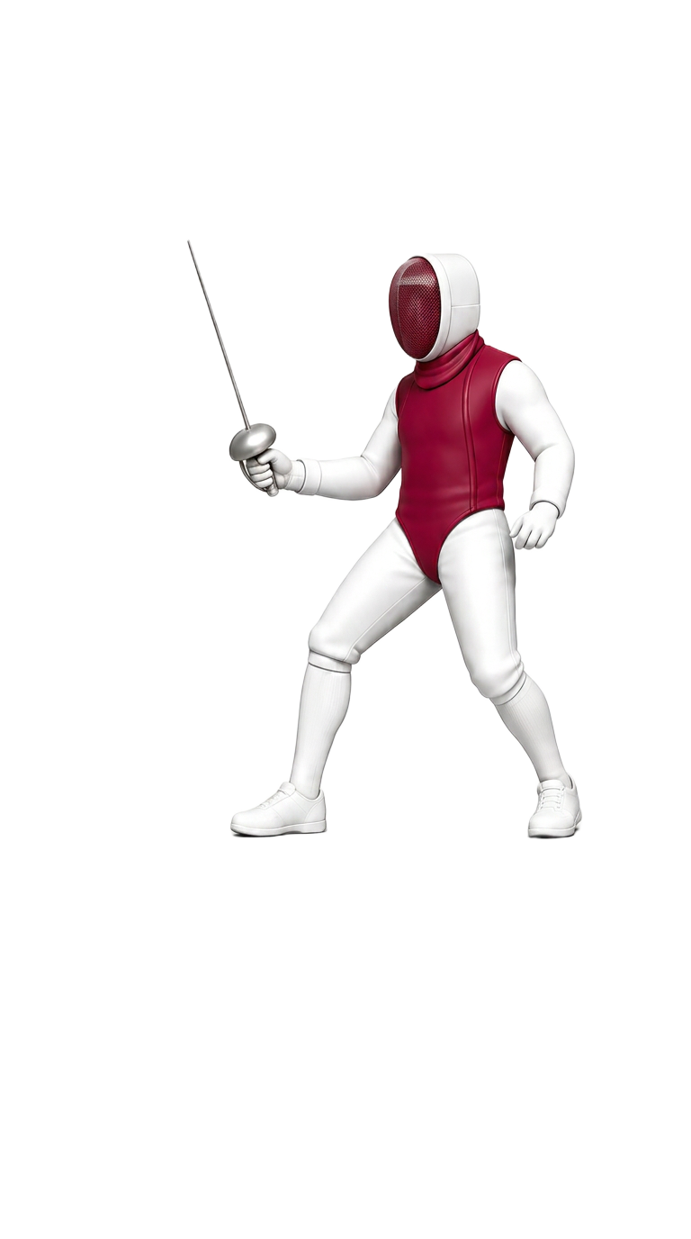 Foil fencer illustration showing torso target, tip scoring, and right-of-way