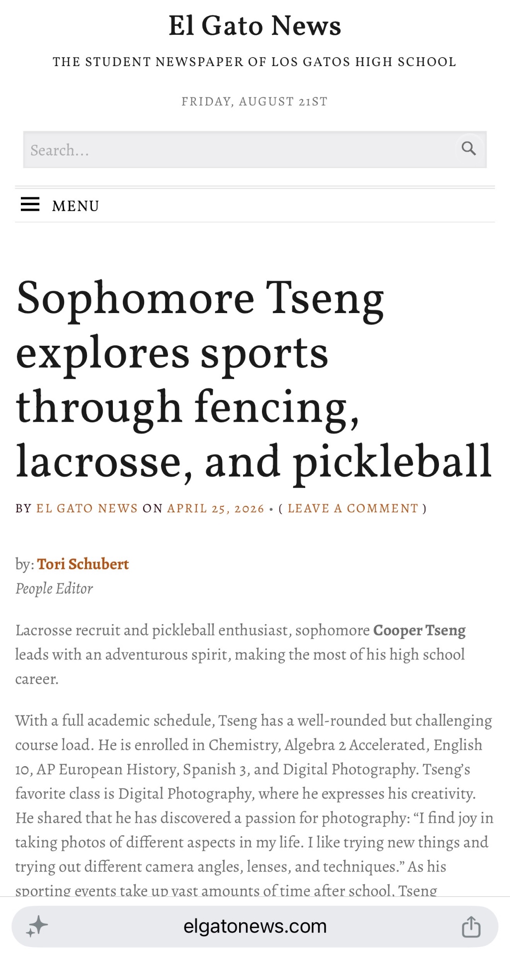 Cooper Tseng featured on El Gatos News