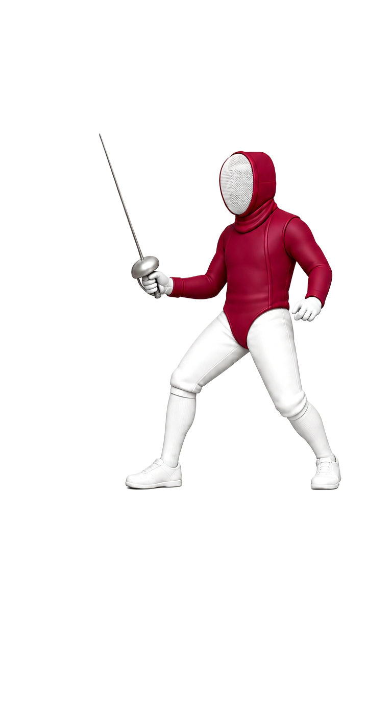 Saber fencer illustration showing above-the-waist target, tip or edge scoring, and right-of-way