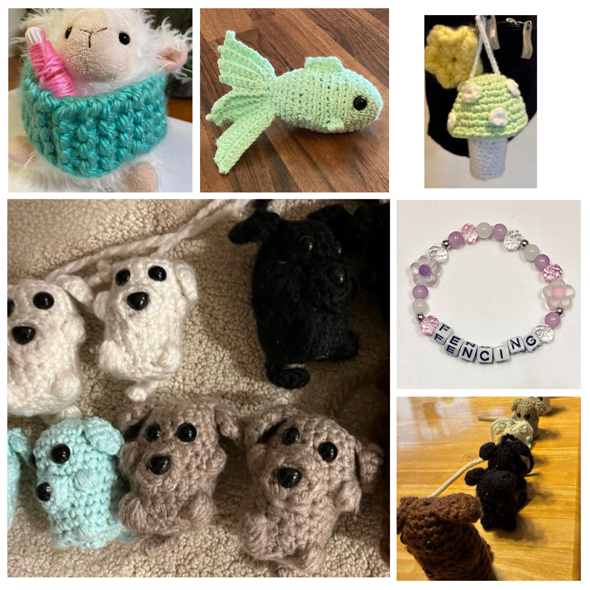 Samantha's crochet portfolio, paired with a handmade fencing bracelet